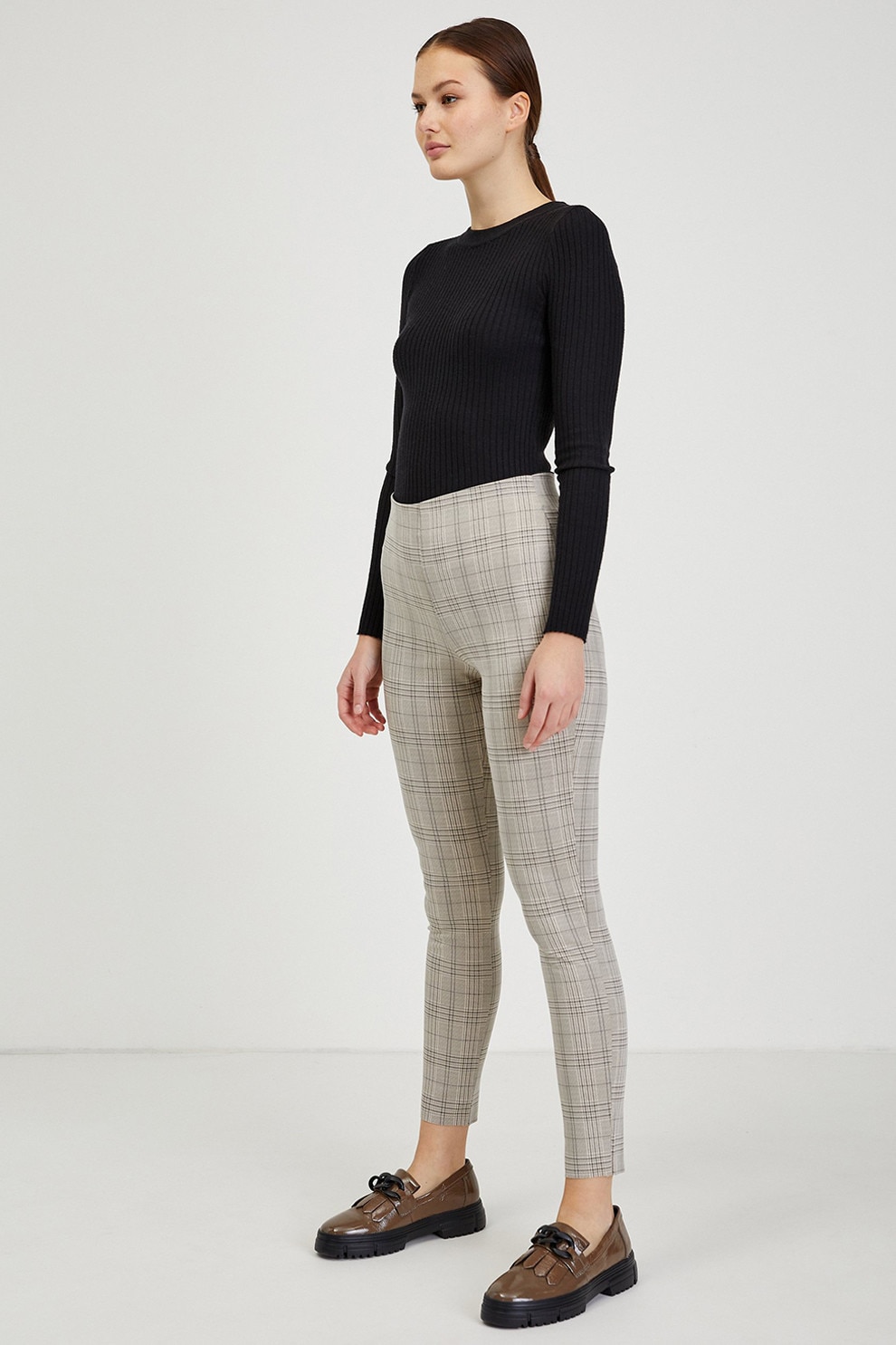 Orsay, Pantaloni cu model in carouri si talie inalta, Grej, S