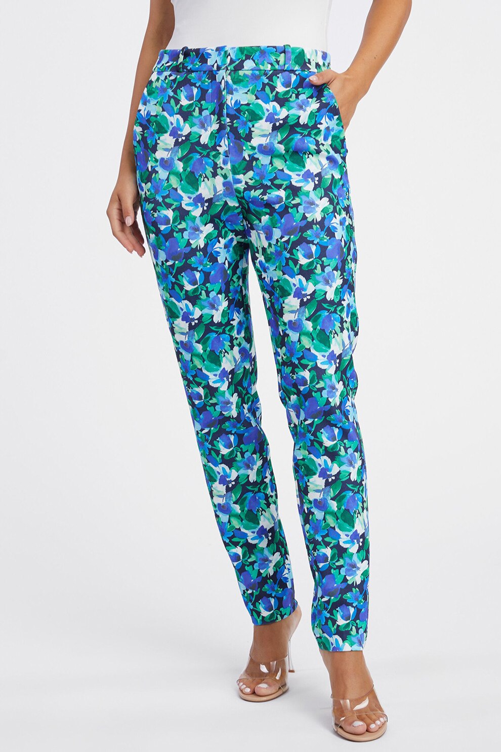 Orsay, Pantaloni cu talie inalta si model floral, Alb, Verde, Albastru, 36