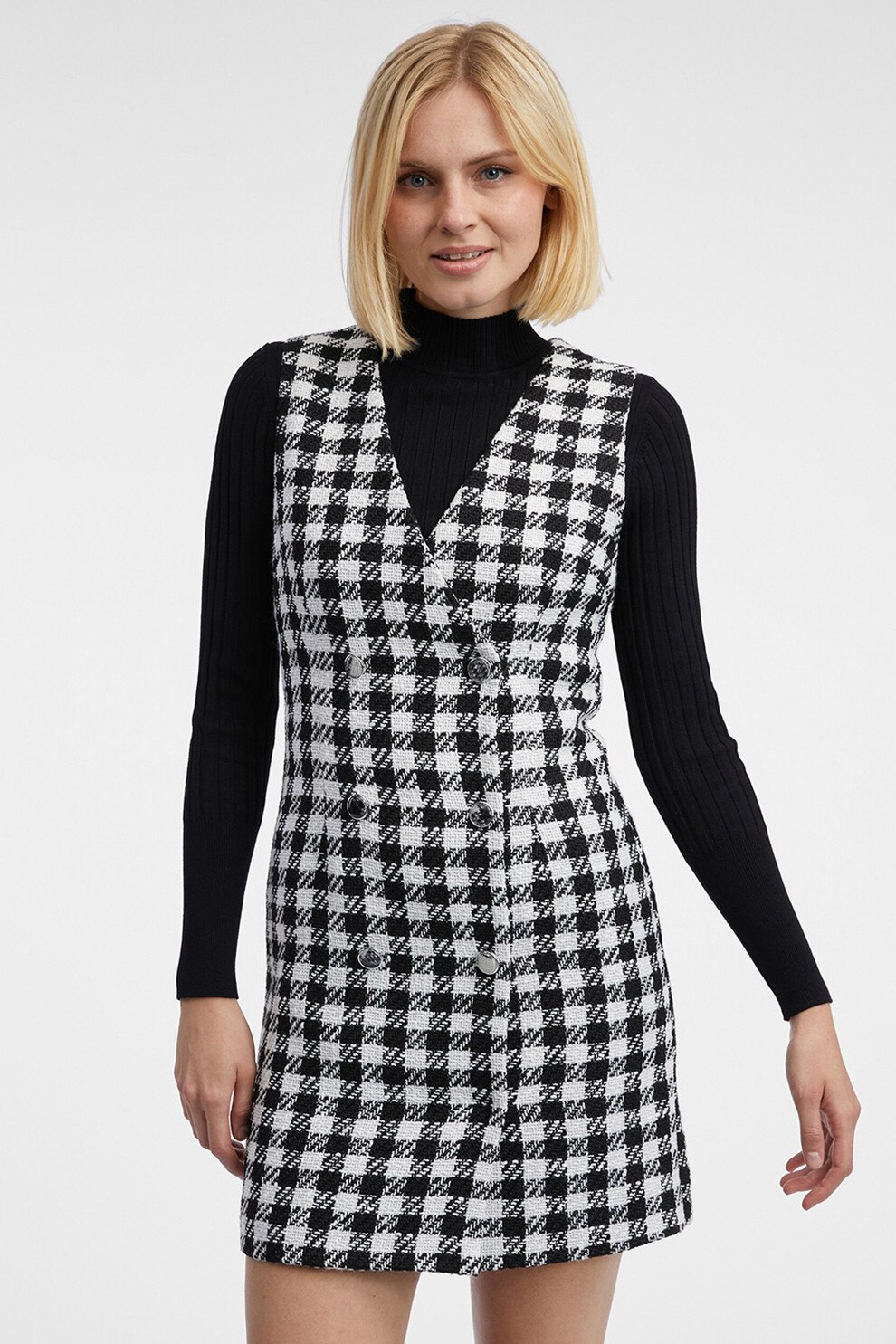 orsay, Rochie-sacou scurta cu model in carouri, Alb, Negru, 36