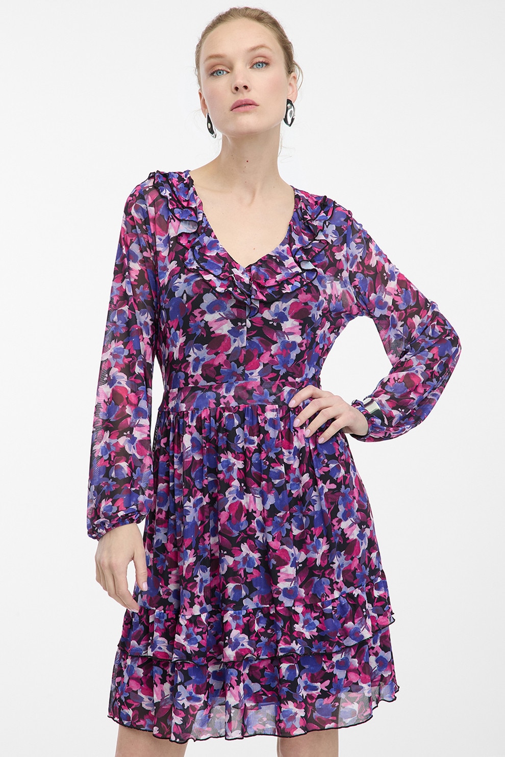orsay, Rochie cu maneci lungi si imprimeu, Violet, Albastru, 34