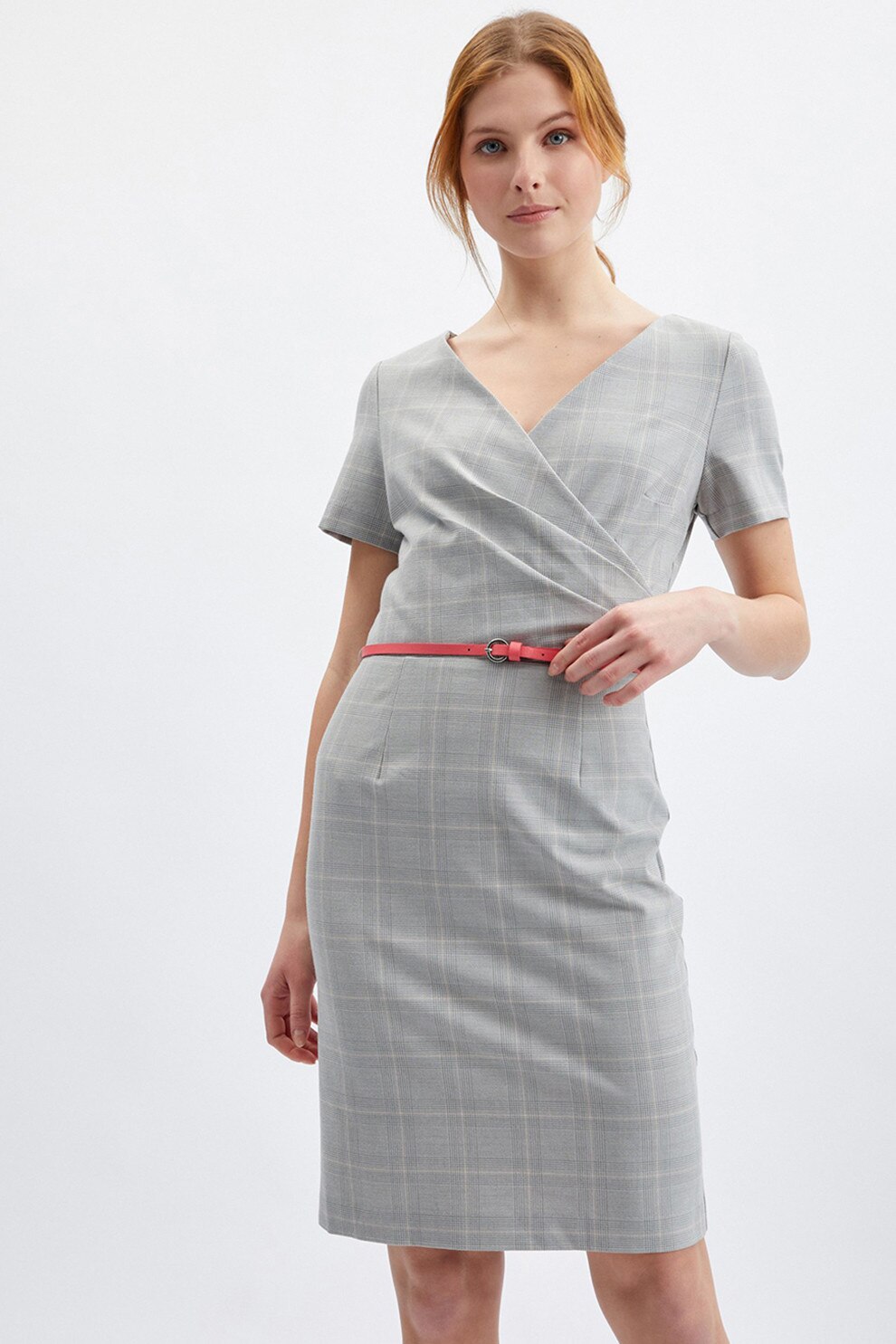 orsay, Rochie cu curea subtire si model in carouri, Gri deschis, 40