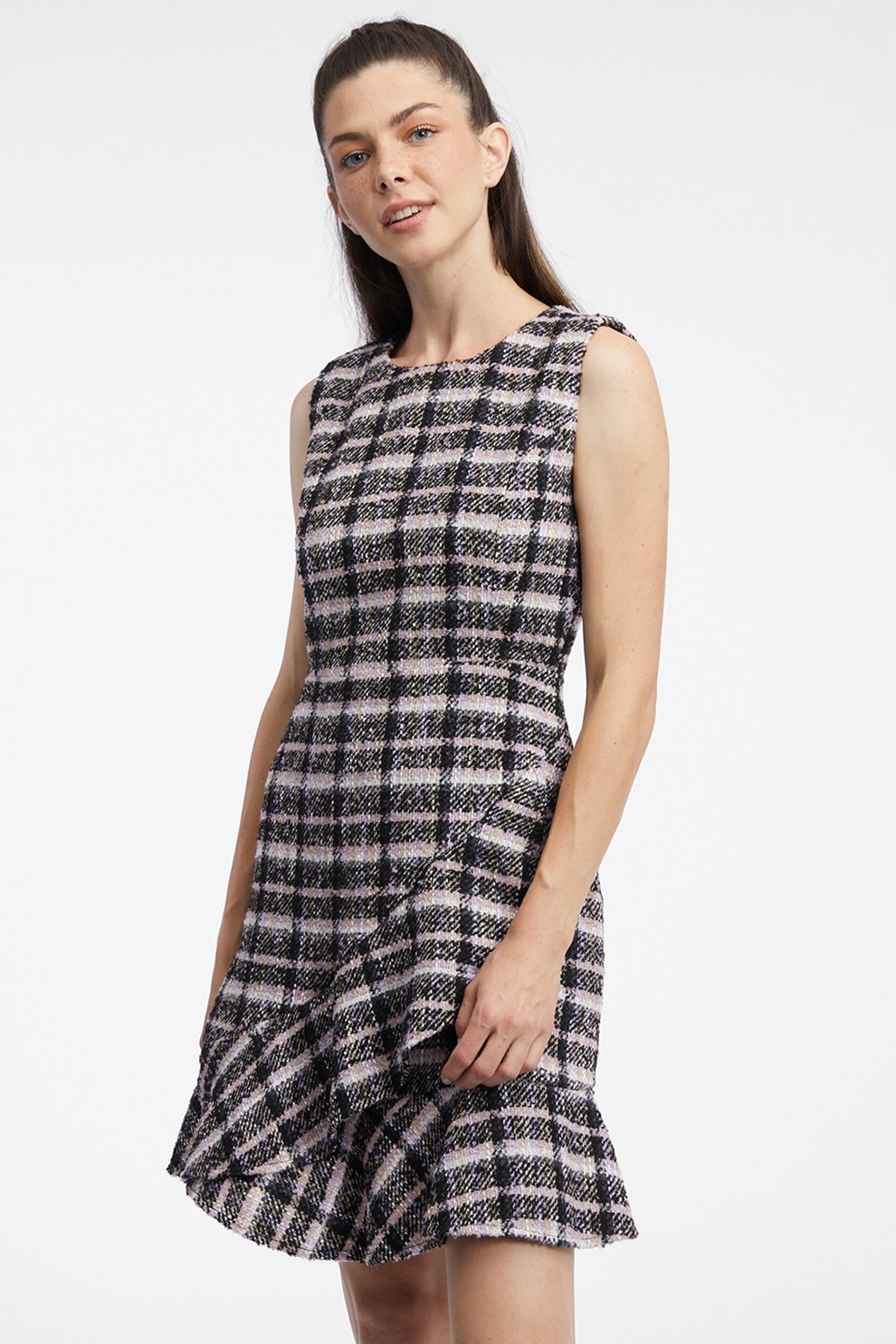 orsay, Rochie cu model in carouri, fara maneci, Negru, Alb murdar, 36