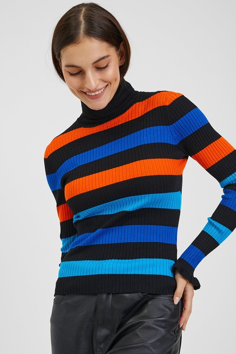 Orsay, Pulover slim fit cu dungi, Negru/Portocaliu/Albastru