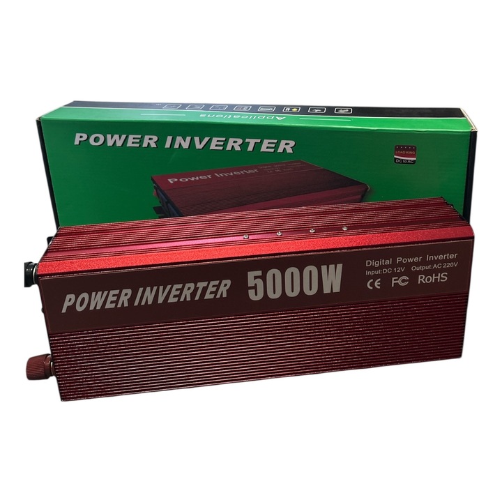 Invertor auto 12V–220V, 5000W, sinus modificat, port USB, protectie suprasarcina, carcasa aluminiu