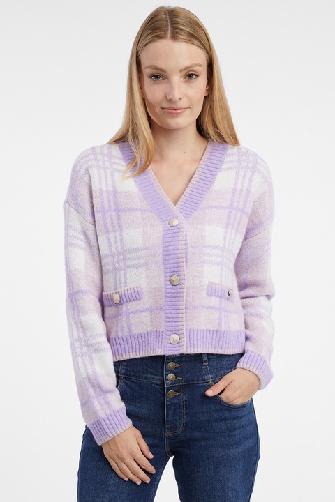 Orsay, Cardigan cu decolteu in V, model in carouri si nasturi, Violet deschis/Lila