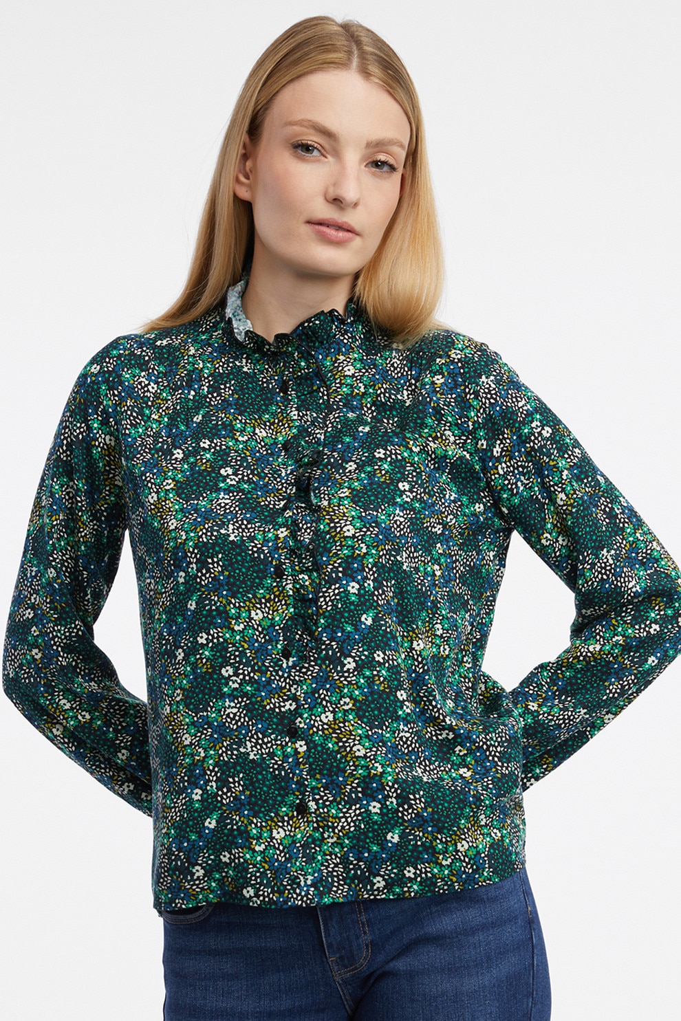 orsay, Camasa cu garnitura cu volan si maneci lungi, Verde, Negru, 36