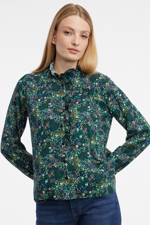 orsay, Camasa cu garnitura cu volan si maneci lungi, Verde/Negru