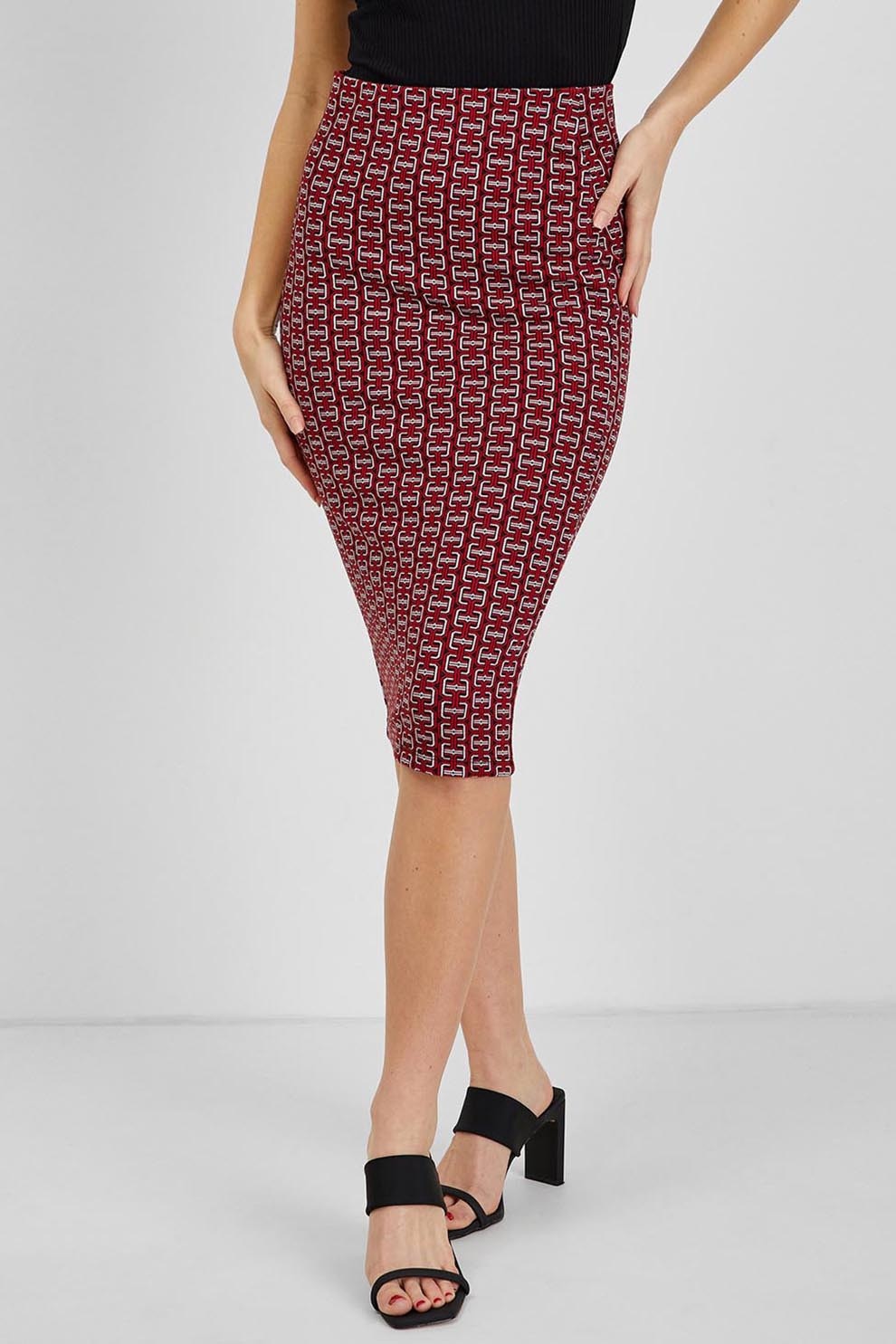 orsay, Fusta midi cu croiala cambrata si model, Negru, L