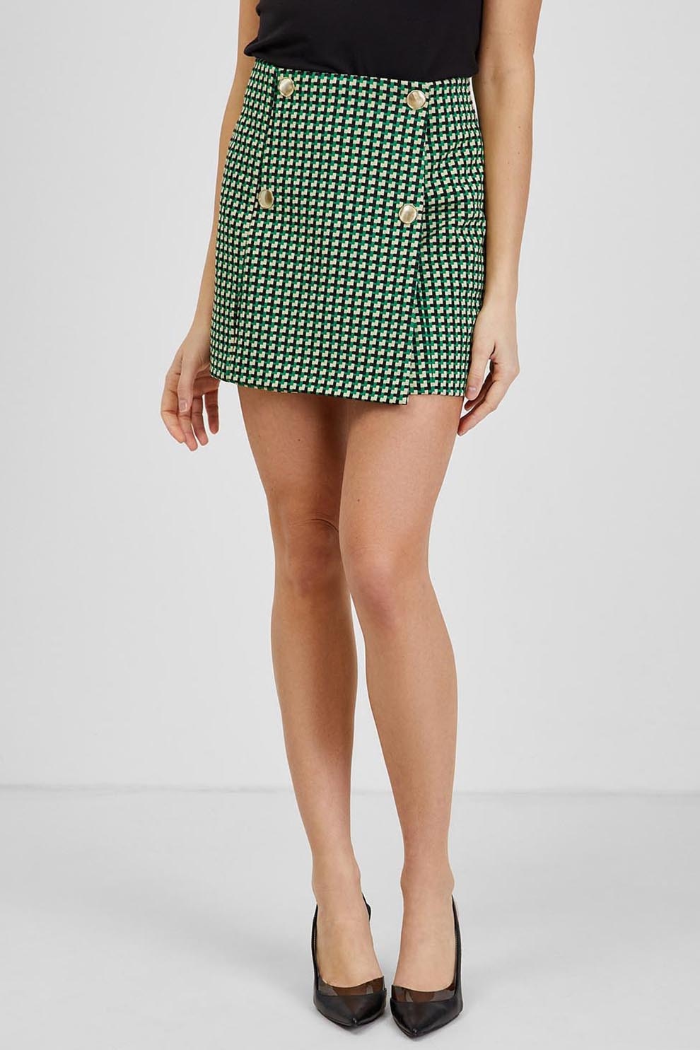 orsay, Fusta-pantalon mini cu model houndstooth, Verde, 42