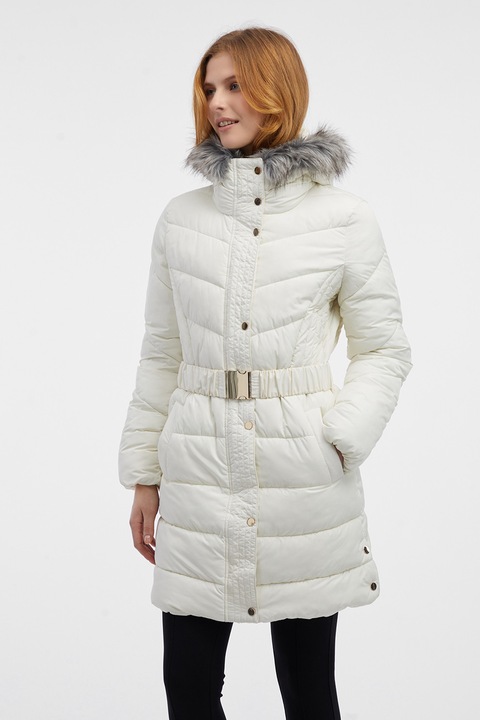 Orsay, Geaca lunga cu gluga si curea in talie, Alb