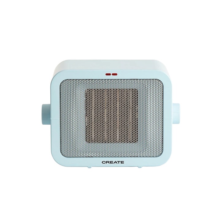 Aeroterma electrica de birou CREATE, Warm Box, 2 trepte de viteza, ideal pentru iarna/vara, functie ventilatie, termostat, placi de incalzire ceramice, protectie supraincalzire si rasturnare, inchidere automata, design compact, 1500 W, albastru pastel