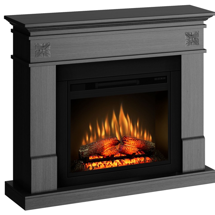 Semineu ECOFLAME PRO - Lisabona Flower Ash Grey, flacara 3D de 23 inci cu teme de culoare, incalzire infrared si sunet