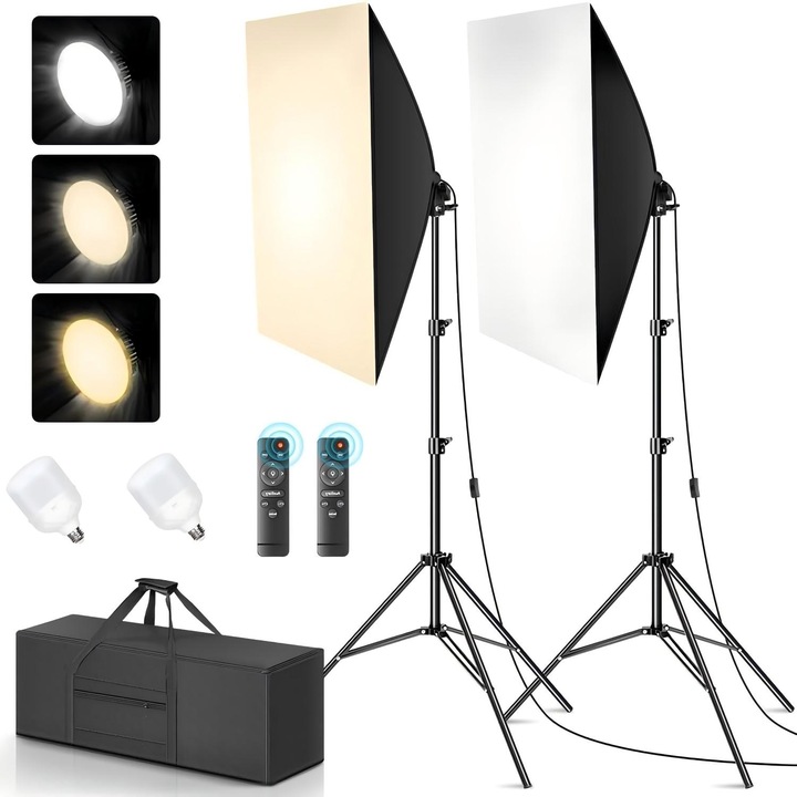 Set 2 Lampi Softbox Piduules 150W, 6500k, Negru, 50x70cm
