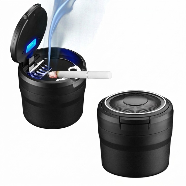 Scrumiera Auto Portabila Leccik® cu Iluminare LED Automata, Capac Etans Anti-Miros, Rezistenta la Temperaturi Ridicate, Design Detasabil pentru Curatare Usoara, Capacitate Mare, Culoare Negru