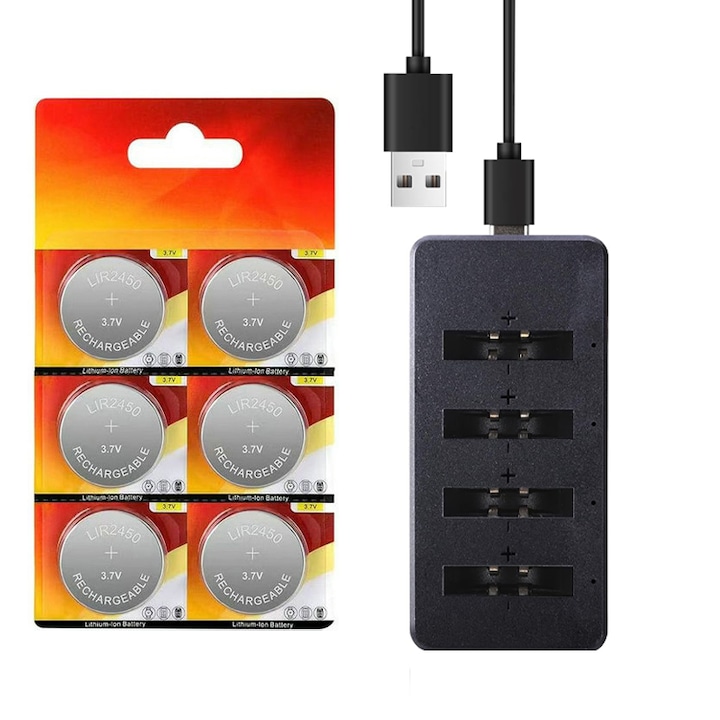 Комплект акумулаторни батерии LF2032, Rqiurpn, 120mAh, 3.7V, 6 броя със зарядно