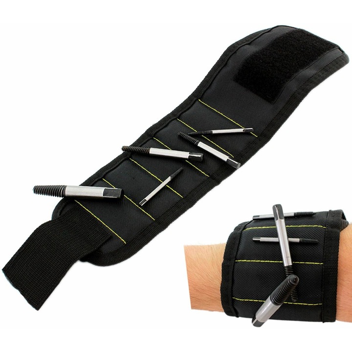 Banda magnetica incheietura, pentru suruburi/cuie/piulite, nailon, negru, 32x9 cm