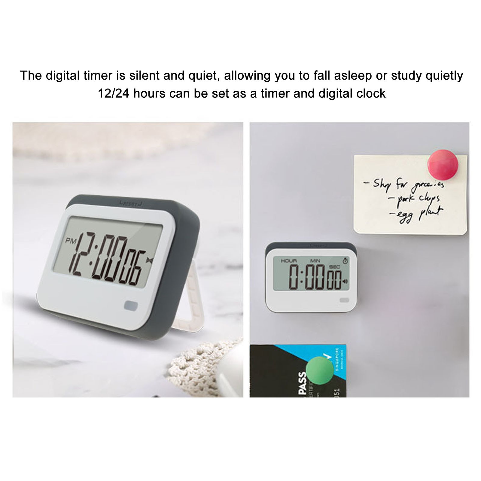 Ceas Timer Ceas digital de bucatarie, timer compact, functie de alarma, gri, 12/24 ...
