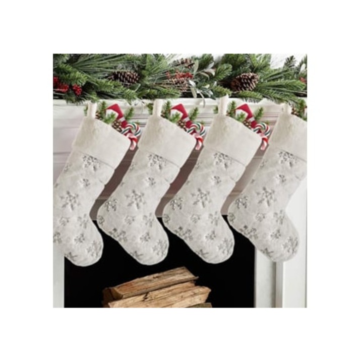 Set 4 ciorapi de Craciun alb cu fulgi de zapada argintii, 28x21x7cm