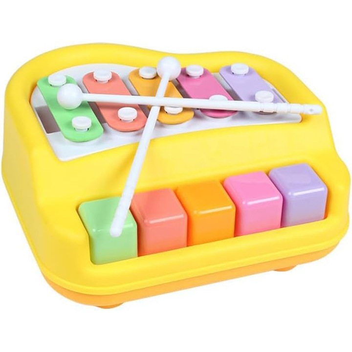 Set xilofon si pian pentru copii - Pian de jucarie interactiv 2 in 1 si xilofon pentru copii, 7.8x6.2x2 inch, pentru baieti si fete 1-3 ani, Galben