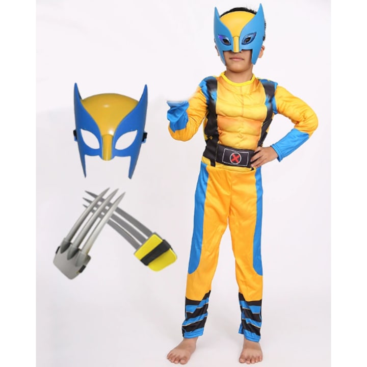 Costum complet de Wolverine pentru copii, Set cu masca si gheare impresionante, ANUTETOUNI®, galben, marime M (120-130 cm)