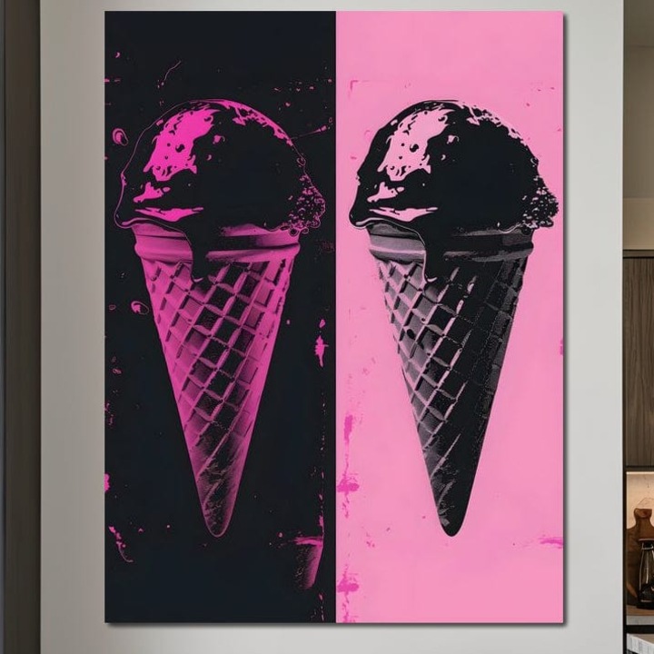 Tablou Canvas Premium, LuxCanva® N1123, Desert Neon, 100 X 135 CM, Panza Bumbac 100% 400g/m2, Sasiu Lemn, Pop Art, Roz, Dulce, Inghetata, Neon, Cool, Vibe, Modern, Gelaterie, Cofetarie, Restaurant, Bucatarie