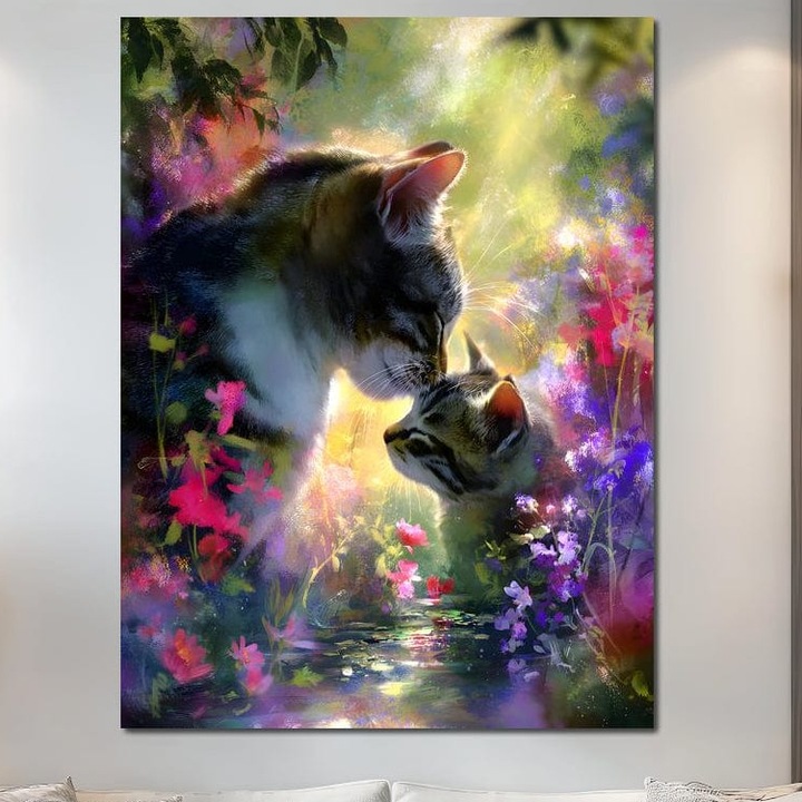 Tablou Canvas Premium, LuxCanva® M1508, O Clipa de Tandrete, 90 X 120 CM, Panza Bumbac 100% 400g/m2, Sasiu Lemn, Pisici, Gradina, Flori, Iubire, Mama, Pui, Familie, Paradis, Dormitor, Birou, Living, Camera Copil