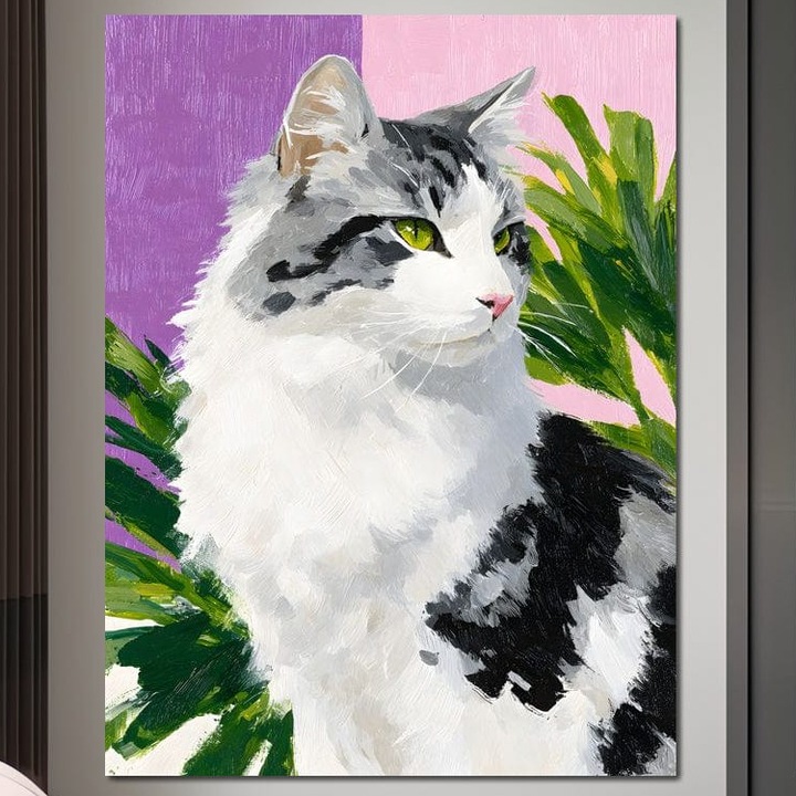 Tablou Canvas Premium, LuxCanva® M1501, Domnita de Smarald, 75 X 100 CM, Panza Bumbac 100% 400g/m2, Sasiu Lemn, Natura, Botanic, Pastel, Pictura, Verde, Frunze, Pisica, Animale, Dormitor, Birou, Living, Camera Copil