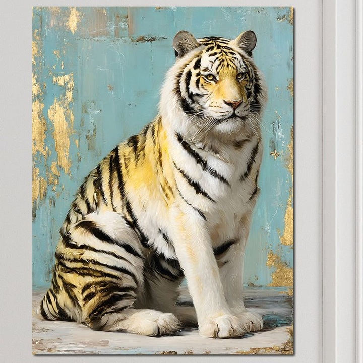 Tablou Canvas Premium, LuxCanva® M1507, Legenda de Aur, 100 X 135 CM, Panza Bumbac 100% 400g/m2, Sasiu Lemn, Tigru, Regal, Salbatic, Felina, Animal, Tropical, Instinct, Dominant, Dormitor, Birou, Living, Camera Copil