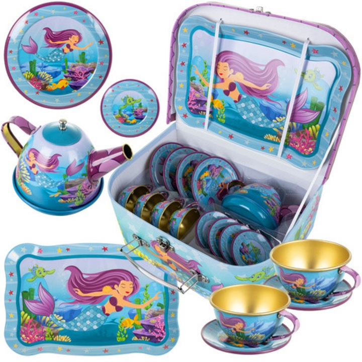 Set Ceai Copii Sirena, 25.5x19x10 cm, Metal si Carton, Culori Pastel Marin, Cesti si Accesorii, Jucarie Educativa