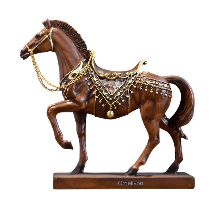 Statueta Calul cu Scaun de Aur Omelivon, sculptura din rezina cu maner si coroana de lanturi, simbol al puterii si maretiei, dimensiuni 19x18.5cm