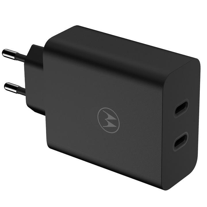Incarcator retea Motorola TurboPower 125W Duo Charger GaN, 2 x USB Type-C (PD), inclus cablu USB Type-C (6.5A) 1m, Negru