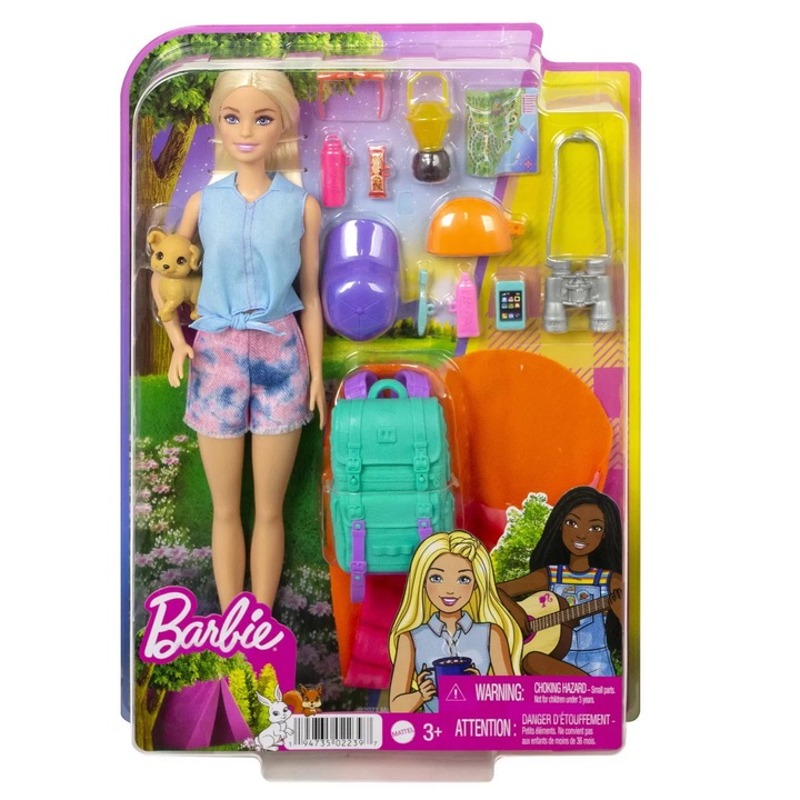 Set papusi Barbie Malibu camping cu rucsac si accesorii, Mattel, multicolor