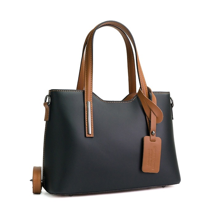 Poseta Piele Mini Michelle - Negru - Coniac, Geanta Office din Piele Naturala, Geanta, Genti