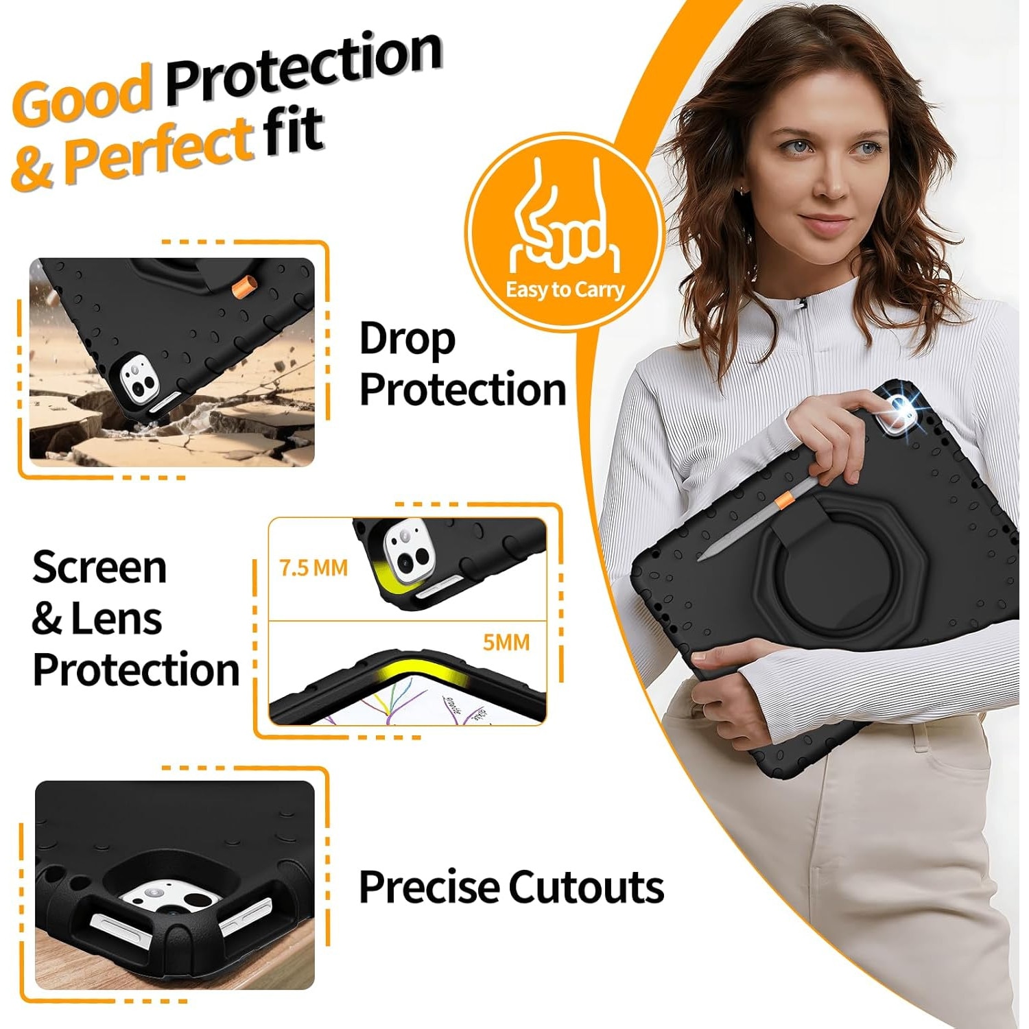 Husa Lotusif pentru iPad Pro 13 inch, spuma EVA rezistenta, suport rotativ 360, negru