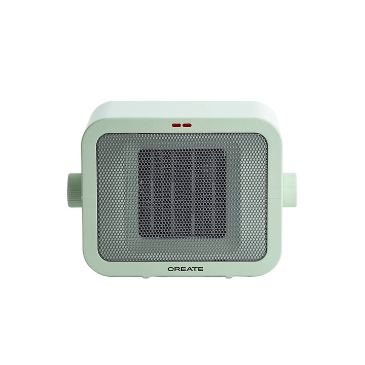 Aeroterma electrica de birou CREATE, Warm Box, 2 trepte de viteza, ideal pentru iarna/vara, functie ventilatie, termostat, placi de incalzire ceramice, protectie supraincalzire si rasturnare, inchidere automata, design compact, 1500 W, verde pastel