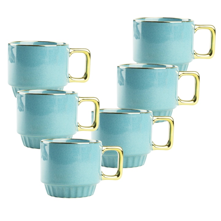 Set 6 cesti ceramice albastru 320 ml cu maner auriu – elegante, durabile si ideale pentru cafea sau ceai