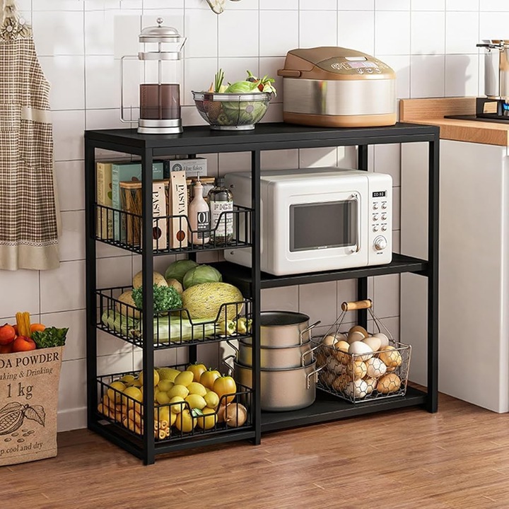 Кухненски рафт Vivendo® със стойка за микровълнова фурна и телени кошници, практична и модерна организация, 80x30x80cm, черен