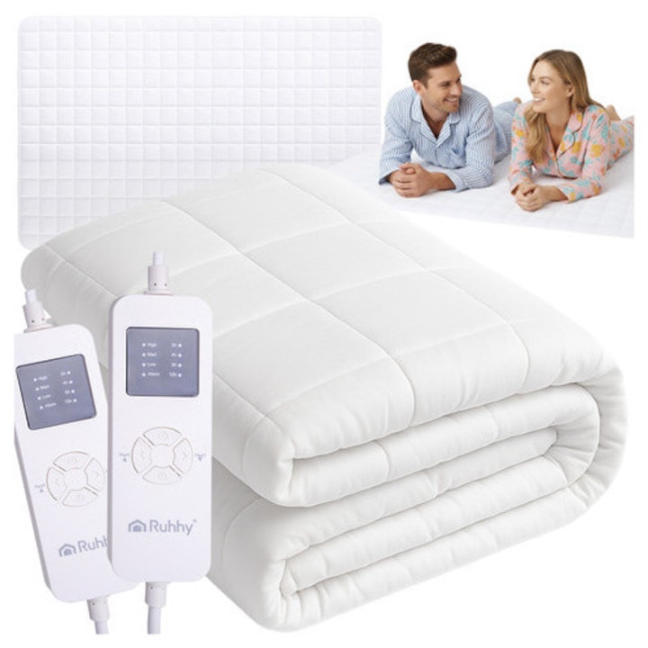 Двойна електрическа термоподложка за матрак с 2 дистанционни управления 203×152 см, 9 нива на нагряване и таймер, Ruhhy