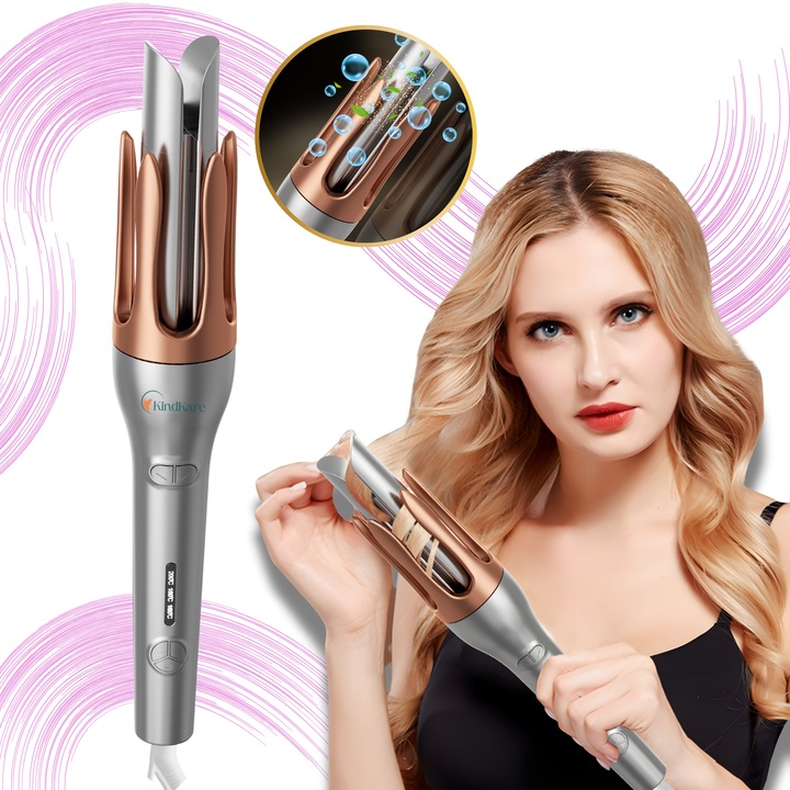 Ondulator automat de par, KindKare, rotire 360°, 3 trepte temperatura (160°C/180°C/200°C), tehnologie ceramica cu protectie anti-arsura, design portabil, usor, incalzire rapida PTC, functie de ionizare, utilizare in 4 pasi simpli, finisaj lucios gri