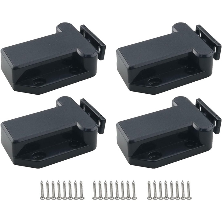 Set de patru zavoare negre pentru usa de dulap YDCY, zavor cu buton, dispozitiv de autoblocare cu arc, cu functie de deschidere automata pentru a preveni alunecarea usii dulapului, convenabil, practic si usor de instalat
