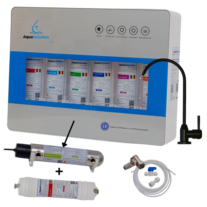 Filtru de apa – Statie ultrafiltrare 6 trepte cu alcalinizare 0.01 microni si cu sterilizator UV 6W – AquaSolution UF-ProLine + Baterie inox 304 negru mat – apa filtrata