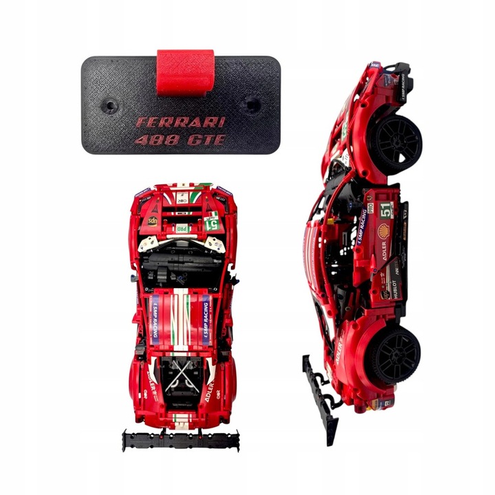 Fali tartó LEGO Ferrari 488 GTE "AF Corse #51"-hez, fekete piros díszítéssel, könnyű összeszerelés
