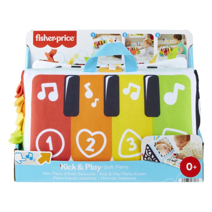 Jucărie interactivă Fisher Price, pian pentru talpile bebelușului, moale, portabil, 4 clape colorate cu sunet și lumină, 70x30cm