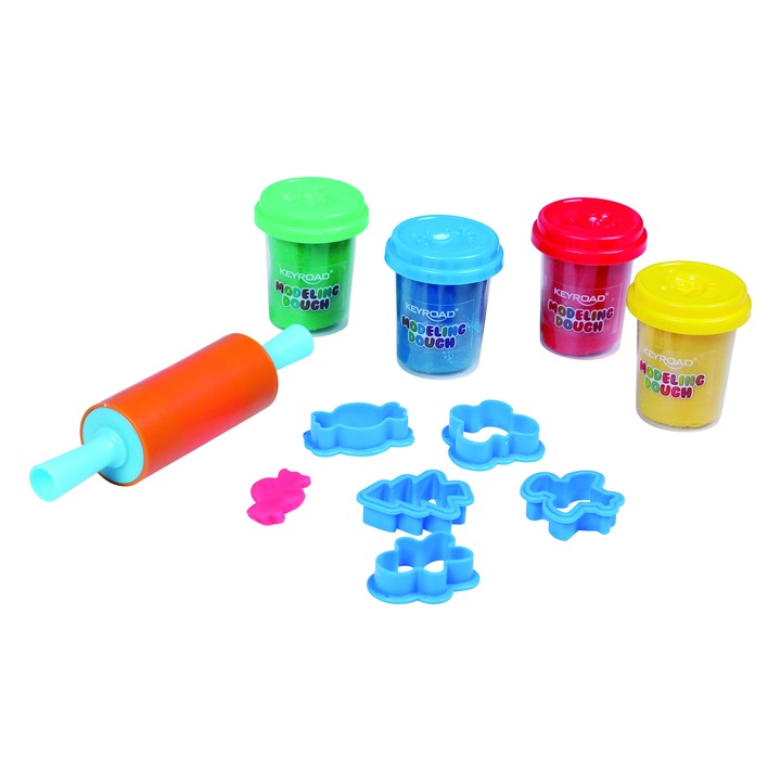 Plastilina Keyroad Dough KR972268, 4x65g, 5 sabloane, 1 sucitor, set 4 culori