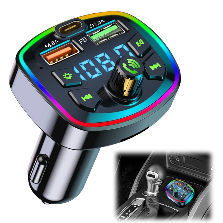 FM Bluetooth Autós Transmitter, Bluetooth Autórádió Adapter, Autós Töltő 2 USB és Type-C Porttal, Kihangosító Hívások Támogatása, TF Kártya, U-Disk, Hangulatvilágítás