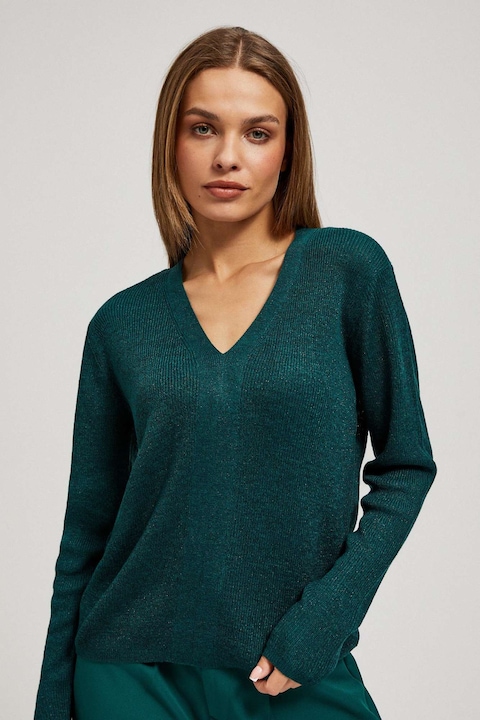 Pulover ajustat cu decolteu in V verde smarald, Verde inchis