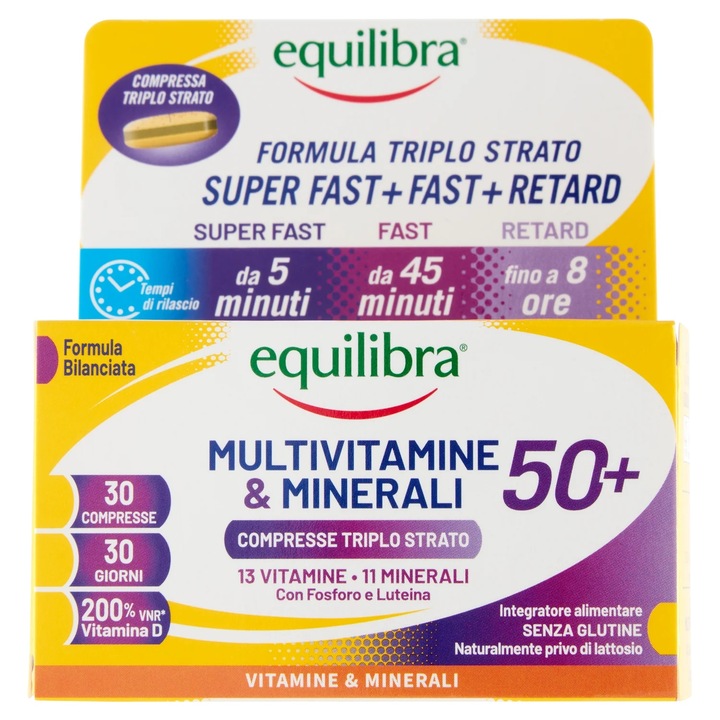 Multivitamine si Minerale Pentru Persoanele + 50 Ani, Supliment Alimentari cu Eliberare Lenta, Rapida, Super-Rapida, 30 Tablete, Equilibra
