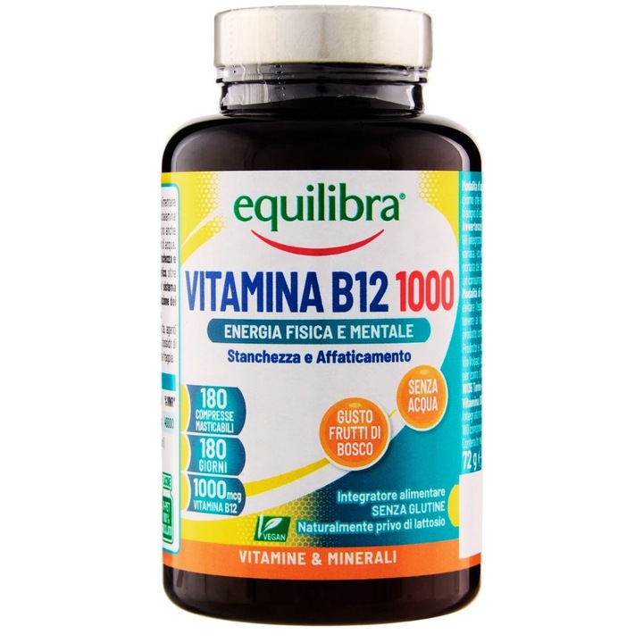 VITAMINA B12, 1000 mcg, Supliment Alimentar Contra Oboselii si Extenuarii Fizice si Mentale, 180 Comprimate Masticabile, Equilibra