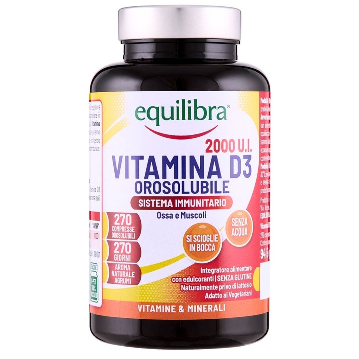 Vitamina D3 2000 UI, Supliment Alimentar Pentru Oase si Muschi, 270 Comprimate Orosolubile cu Aroma de Citrice, Equilibra