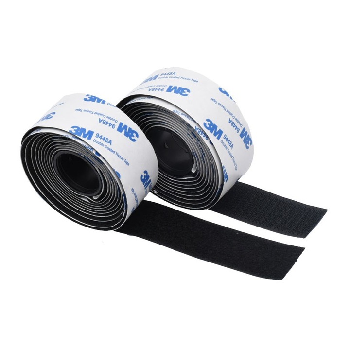 Двойна залепваща лента с велкро, 3 ленти x 200 см дължина, полиестер, Черна